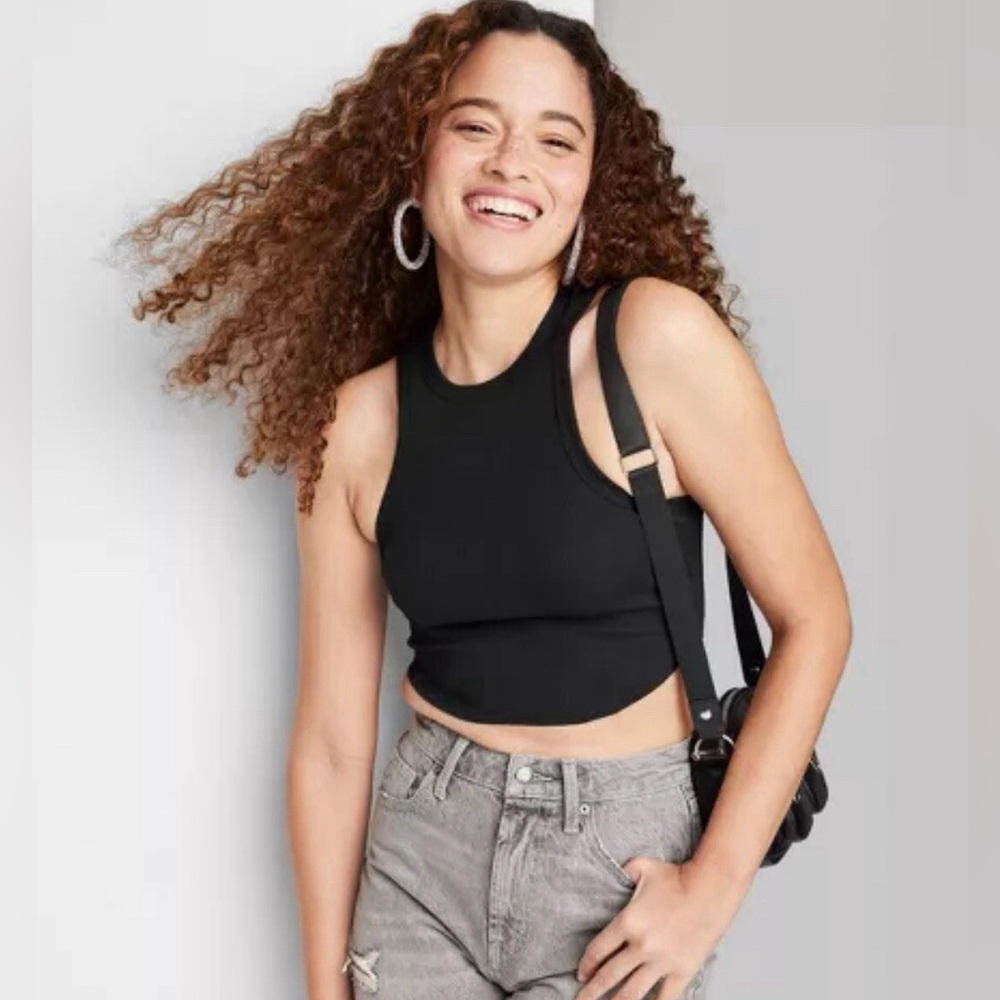 Wild Fable Black High Neck Seamless Cropped Tank Top